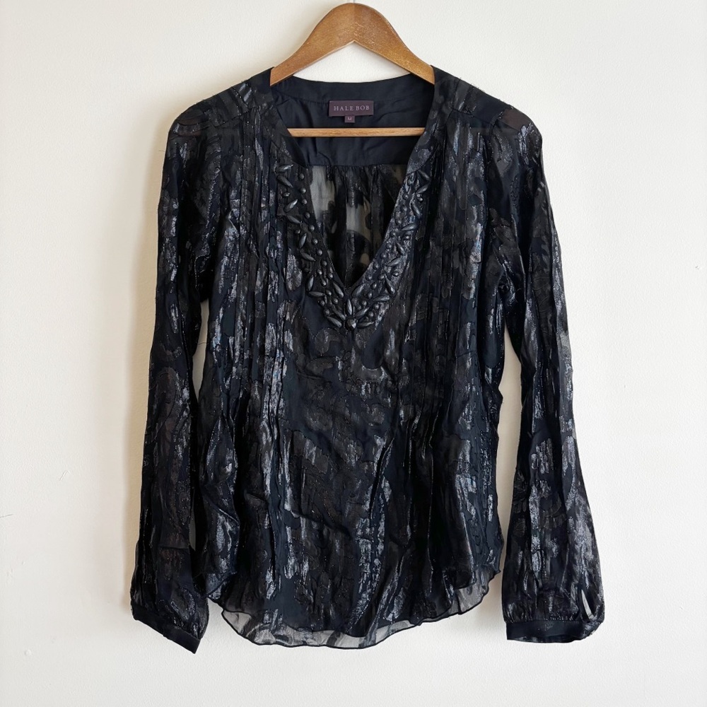 Hale Bob Black Beaded Burnout Silk Blouse Medium Summer Luxury